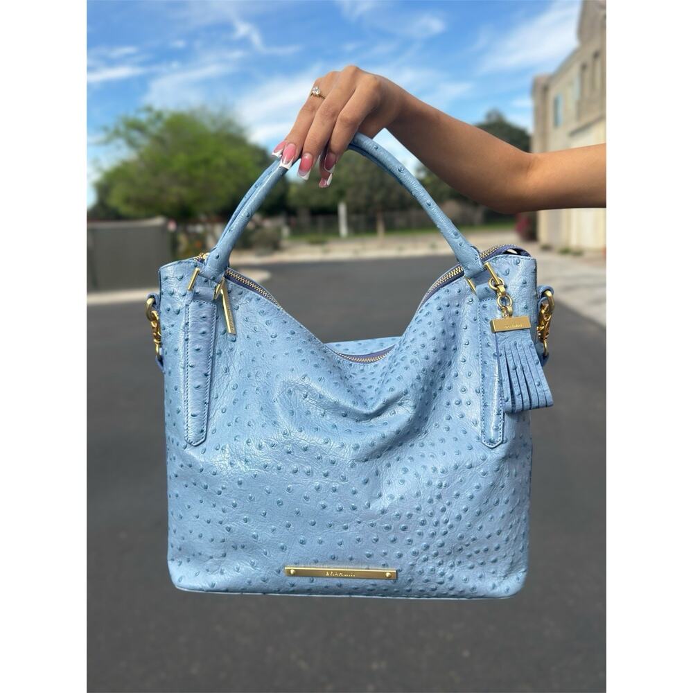 Brahmin Light Blue Ostrich-Embossed Leather Crossbody Bag